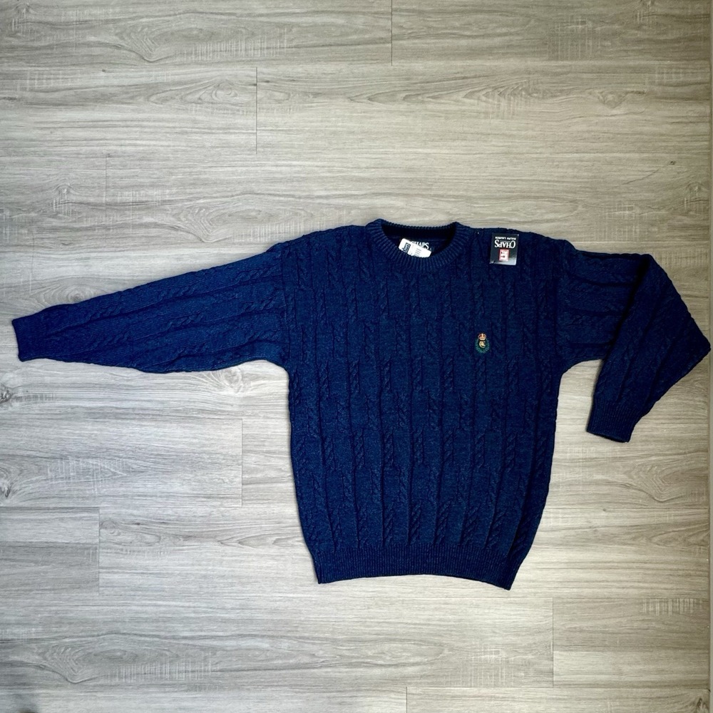 Vintage 90s Blue Cotton Cable Knit Fisherman Sweater L Preppy Cabincore Heritage